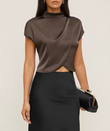 Mock Neck Layered Draped Satin Short‑Sleeve Cropped Blouse