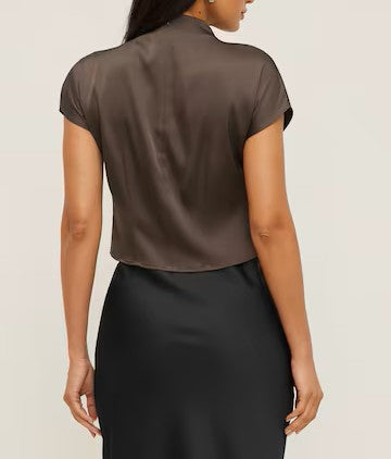 Mock Neck Layered Draped Satin Short‑Sleeve Cropped Blouse