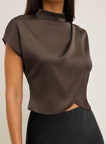 Mock Neck Layered Draped Satin Short‑Sleeve Cropped Blouse