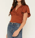 Surplice Flutter Sleeve Smocked Waist Satin Cropped Top