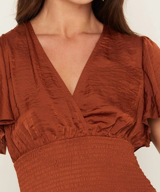 Surplice Flutter Sleeve Smocked Waist Satin Cropped Top