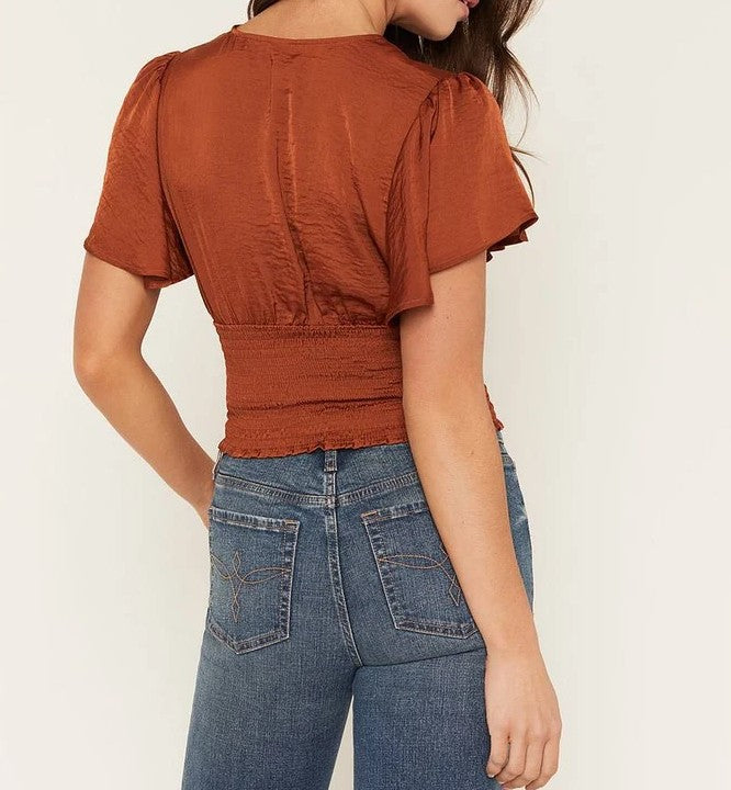 Surplice Flutter Sleeve Smocked Waist Satin Cropped Top