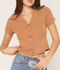 Notched V‑Neck Button‑Front Rib Knit Short Sleeve Cropped Shirt